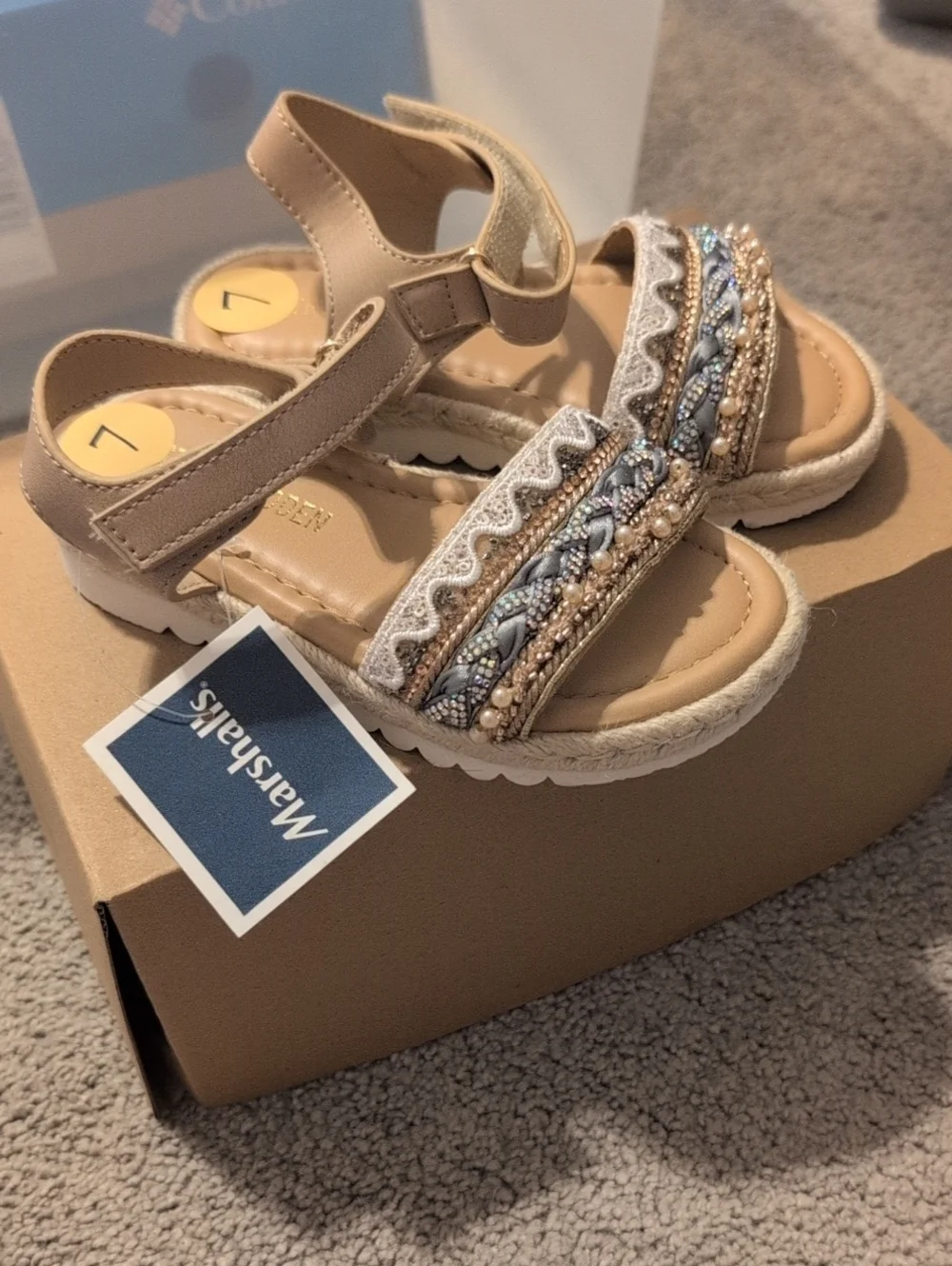 Steve Madden Girls Metallic Beige Braided & Beaded Sandals